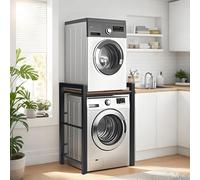 Meuble Machine à Laver Étagère de Rangement, Superposition Lave-linge et Sèche-linge en Acier et Bois Massif, Étagère de Salle de Bain, 3 Hauteurs Réglables, Capacité Charge 350kg, 75x65x105cm, Noir