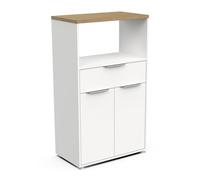 Meuble Micro-Onde Bas avec Rangements en Bois 2 Portes & 1 Tiroir - Style Scandinave - Coloris Blanc Mat & Chêne Hamilton - 70 x 123 x 40 cm