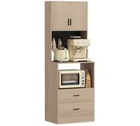 Meuble micro-ondes - HOMCOM - 2 tiroirs, 2 portes, plan de travail, étagère réglable, panneau perforé - bois - 80x40x170cm - naturel