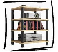 Meuble multimédia moderne à 4 étages en bois pour audiovidéo, rangement stéréo élégant pour tourne-disque, étagères d'angle, finition jaune, parfait pour le salon et le divertissement