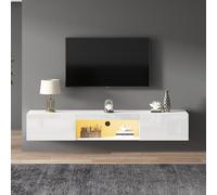 Meuble mural brillant pour TV de 70 pouces, avec éclairage LED et contrôle via application Bluetooth, 160×31×22 cm, Blanc