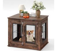 Meuble Niche pour Chien Style Ferme avec Table d'Appoint - Cage en Bois Robuste à Double Porte pour Chiens De Petite Et Moyenne Taille, Style Rustique Marron, Console pour Salon