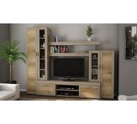 Meuble-paroi Apollo, façade en Sonoma foncé et olive, avec baguette en MDF, 266x210x42 cm