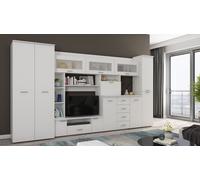 Meuble-paroi moderne KENA en blanc avec emplacement TV et espace de rangement, 360 cm de large