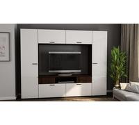 Meuble-paroi PLUTON en Sonoma foncé avec façades en blanc brillant - 240x190x42 cm