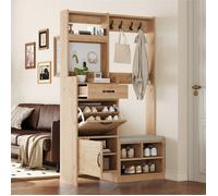 Meuble Porte-manteau et Chaussures Scandinave avec Banc, Crochet, Vestiaire D'entrée avec Panneau Perforé, Tiroir, Armoire Rangement