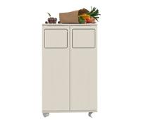 Meuble poubelle 2 compartiments mobile bois clair, 2 portes roulettes blanches, tri déchets cuisine 46,7x35x80cm
