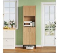 Meuble poubelle cuisine bac intégré, finition chêne noir, colonne avec espace micro-ondes et rangement aspirateur 53x35x181cm