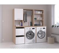 Meuble pour 2 machines à laver avec étagères, penderie et placards - Naturel clair et blanc - L176 x H184 x P66 cm - ERKANO