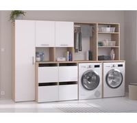 Meuble pour 2 machines à laver avec étagères, penderie, placard et colonne - Naturel clair et blanc - L269 x H184 cm - ERKANO