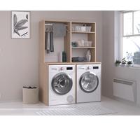 Meuble pour 2 machines à laver avec penderie et étagères - Naturel clair - H184 x L128 cm - ERKANO