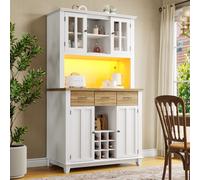 Meuble pour cuisine, Meuble de cuisine avec éclairage LED, étagères réglables et casier à vin, 106×40×179,5 cm, Naturel+Blanc | Aosom France
