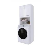 Meuble pour la Machine a Laver avec Deux armoires, Deux étagéres et Un Lieu de Lave-Linge, H : 180 cm, L : 64 cm, P : 30 cm, Blanc/Blanc Brillant