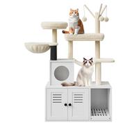 Meuble pour Litière avec Arbre à Chat en Bois,Cache Litière et Griffoir Combiné 2-en-1 avec Cabane Intégrés& Plateforme Doudou,Meuble Chat Moderne pour Jouet et Lieu de Repos-Blanc