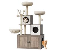 Meuble pour Litière avec Arbre à Chat en Bois,Cache Litière et Griffoir Combiné 2-en-1 avec Cabane Intégrés& Plateforme Doudou,Meuble Chat Moderne pour Jouet et Lieu de Repos-Gris