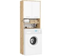 Meuble pour machine à laver AKORD FIN Chêne Artisan 64 cm 2 portes façade Blanche 4 étagères 64x30x180 cm