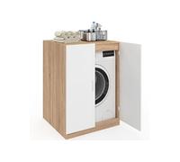 Meuble pour machine à laver avec portes - Panneaux de particules - Blanc et bois façon hêtre - L 65 x l 64 x H 91 cm