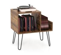 Meuble Rangement de Tourne-disque COSTWAY, 2 Prises Secteur et de 2 USB, Séparateurs Amovibles, Jusqu'à 145 Albums, Marron Rustique