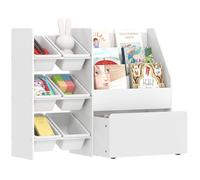 AIYAPLAY Meuble Rangement Enfant, Rangement Jouet Enfant, 6 bacs Amovibles et Grand Coffre à roulettes, bibliothèque à 3 Niveaux pour Chambre ou Salle de Jeux, Blanc