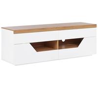 Meuble Rangement TV Blanc et Bois Clair 4 Tiroirs avec Trou pour Câble Cheval