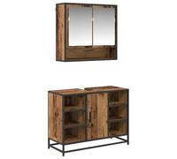 Meuble Salle de Bain 2 Pièces Bois Composite Vieilli avec Miroir | Miroir mural inclus, compartiments cachés, rangement serviettes, poignées métal noir, pieds stylés, entretien chiffon