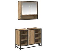 Meuble Salle de Bain 2 Pièces Chêne Artisan avec Miroir et Cabinet | Miroir mural, rangements cachés, poignées métal noir, pieds assortis, bois d'ingénierie, nettoyage facile, design