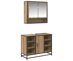 Meuble Salle de Bain 2 Pièces Chêne Artisan avec Miroir et Cabinet | Miroir mural, rangements cachés, poignées métal noir, pieds assortis, bois d'ingénierie, nettoyage facile, design