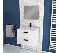 Meuble salle de bain 60 cm suspendu 2 tiroirs Blanc avec vasque et miroir - BOX-IN 60 WHITE