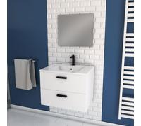 Meuble salle de bain 60 cm suspendu 2 tiroirs Blanc avec vasque et miroir - BOX-IN