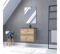 Meuble salle de bain 60x54 - Finition chene naturel + vasque noire + miroir Led - TIMBER 60 - Pack29