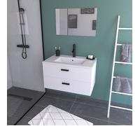 Meuble salle de bain 80 cm suspendu 2 tiroirs Blanc avec vasque et miroir - BOX-IN