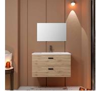 Meuble salle de bain 80cm suspendu 2 tiroirs Décor Bois avec vasque et miroir - BOX-IN