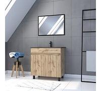 Meuble salle de bain 80x80 cm - Finition chene naturel + vasque noire + miroir - TIMBER 80 - Pack05