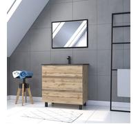 Meuble salle de bain 80x80 cm - Finition chene naturel + vasque noire + miroir - TIMBER 80 - Pack17