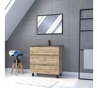 Meuble salle de bains 80cm décor chene naturel 3 tiroirs - Vasque noire et Miroir - TIMBER