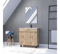 Meuble salle de bain 80x80 -Finition chene naturel + vasque blanche + miroir Led- TIMBER 80 - Pack27
