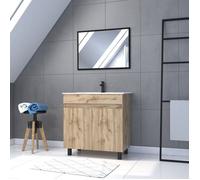 Meuble salle de bain 80x80 - Finition chene naturel + vasque blanche + miroir - TIMBER 80 - Pack25