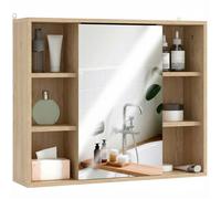 Meuble salle de bain avec miroir - HOMCOM - placard à portes et 6 compartiments ouverts - 60 x 14,5 x 49,4 cm - bois naturel