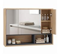 HOMCOM Armoire Murale Salle De Bain avec Miroir 80L x 20l x 60H cm Chêne | Armoire Suspendue, Miroir Salle de Bain avec Rangement, Placard à 3 Portes, 8 Compartiments