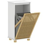 Meuble salle de bain avec panier à linge - HOMCOM - porte à lattes en bambou et sac amovible - blanc et effet bois naturel