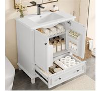Meuble salle de bain blanc avec vasque en céramique 76x46x87 cm meuble sous lavabo sur pied avec rangement et tiroir moderne élégant