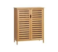 kleankin Meuble Salle de Bain en Bambou, Armoire Salle de Bain 3 Niveaux avec Double Porte à Lattes, Meuble de Rangement pour Salon, Chambre, Toilette, 68 x 32 x 86 cm, Naturel