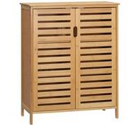 kleankin Meuble Salle de Bain en Bambou, Armoire Salle de Bain 3 Niveaux avec Double Porte à Lattes, Meuble de Rangement pour Salon, Chambre, Toilette, 68 x 32 x 86 cm, Naturel