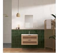 Meuble salle de bain cannage Apolline 60cm décor bois et cannage - 2 tiroirs, vasque et miroir