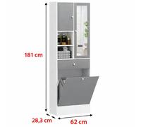 Meuble Salle de Bain Haut Panier Linge Miroir Étagère 62x28x181cm Gris Blanc