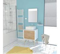 MEUBLE SALLE DE BAIN SCANDINAVE BLANC ET BOIS NATUREL 60cm AVEC TIROIRS, VASQUE A POSER - MIROIR