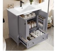 Meuble salle de bain sur pied 76x46x87 cm avec vasque à encastrer en céramique et tiroir grand rangement, solide et durable, gris