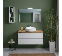 Meuble salle de bain suspendu 100 cm blanc export avec plan chêne naturel miroir et lampe Berlin