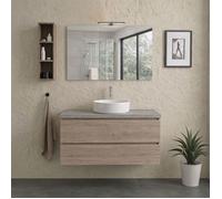 Meuble salle de bain suspendu 100 cm chêne 2 tiroirs plan béton et miroir 100x60 avec lampe Berlin