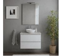 Meuble salle de bain suspendu 60 cm blanc brillant avec plateau effet béton et miroir | Benaco